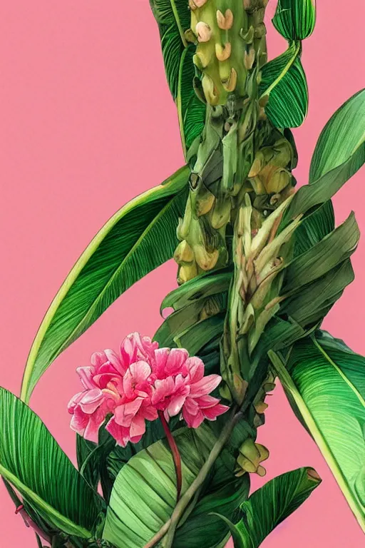 Image similar to ultra realistic illustration, banana plants drawing, pink background, elegant, highly detailed, digital painting, concept art, smooth, sharp focus, illustration, art by artgerm and greg rutkowski and alphonse mucha, haus and hues,