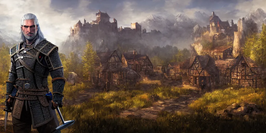 Prompt: Geralt of Rivia, Witcher 3, game art, concept art, village, castle, horse,