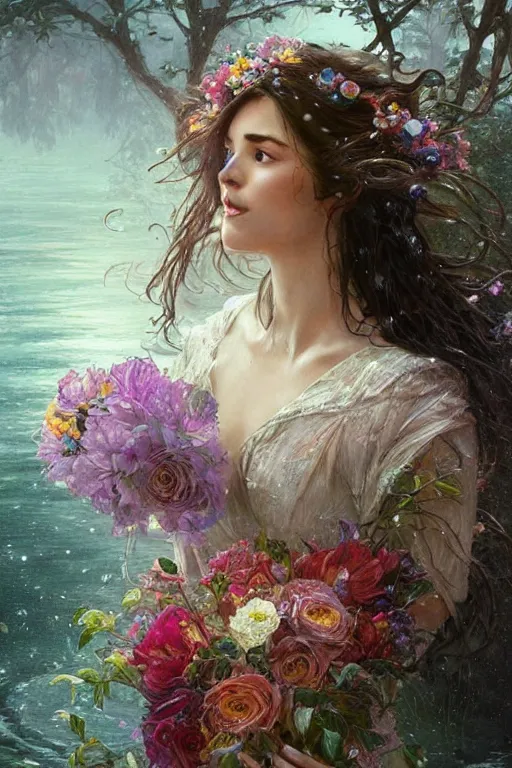 Image similar to portrait of a beautiful mysterious woman holding a bouquet of flowing flowers, wet dripping long hair, hands hidden under the bouquet, emerging from the water, fantasy, regal, intricate, by stanley artgerm lau, greg rutkowski, thomas kindkade, alphonse mucha, loish, norman rockwell