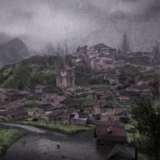 Image similar to the center of a poor medieval town under heavy rain at late dawn, in a valley, surrounded by mountains, highly detailed, octane render, ultra detailed cinematic, 8 k, widescreen, 1 6 : 9, hd