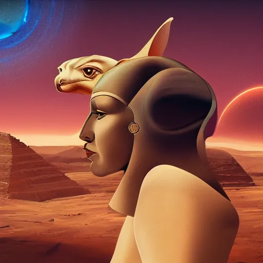 Prompt: hyperrealistic futuristic highly detailed chimera and sphinx woman on the mars sharp focus in the style of modern art deco and retro 8 k