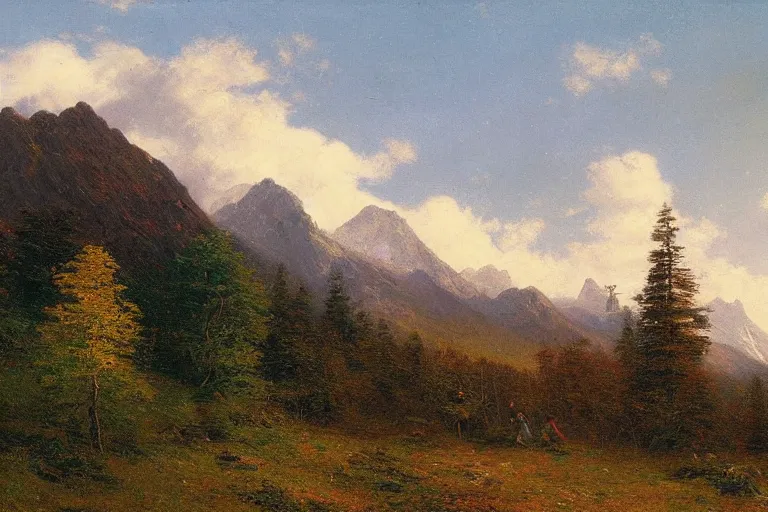 Image similar to mountains, trees, beautiful nature, very detailed, focused, oil painting, colorful, canvas, artstation, Sydney Mortimer Laurence, Albert Bierstadt, Theodor Kittelsen, Hans Dahl, Konstantin Yakovlevich Kryzhitsky, Hermann Hendrich