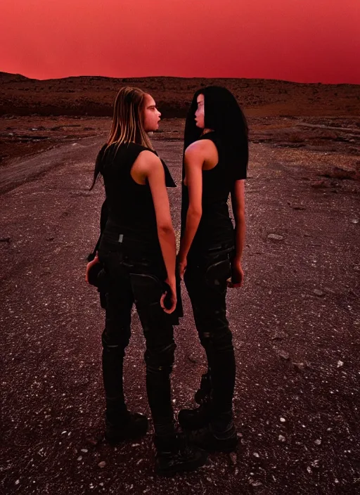 Image similar to cinestill 5 0 d photographic portrait of two loving female androids wearing rugged black techwear on a desolate plain with a red sky, extreme closeup, cyberpunk style, in front of a brutalist dark metal facility, dust storm, 8 k, hd, high resolution, 3 5 mm, f / 3 2, ultra realistic faces, ex machina