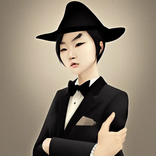 Image similar to portrait of a beautiful korean girl wearing a men's tuxedo, with short messy hair, men's haircut, angular features, angry expression, digital art, elegant pose, detailed illustration