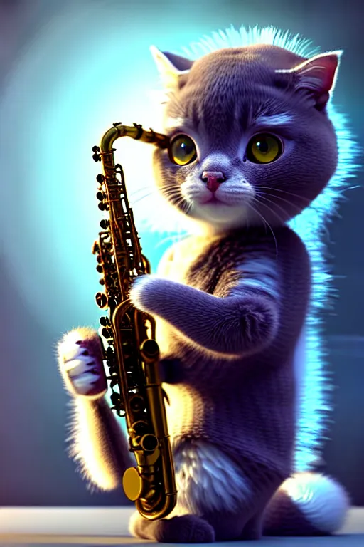 Image similar to high quality 3 d render very cute fluffy cyborg!! cat plays saxophone, cyberpunk highly detailed, unreal engine cinematic smooth, in the style of blade runner & detective pikachu, hannah yata charlie immer, moody light, low angle, uhd 8 k, sharp focus