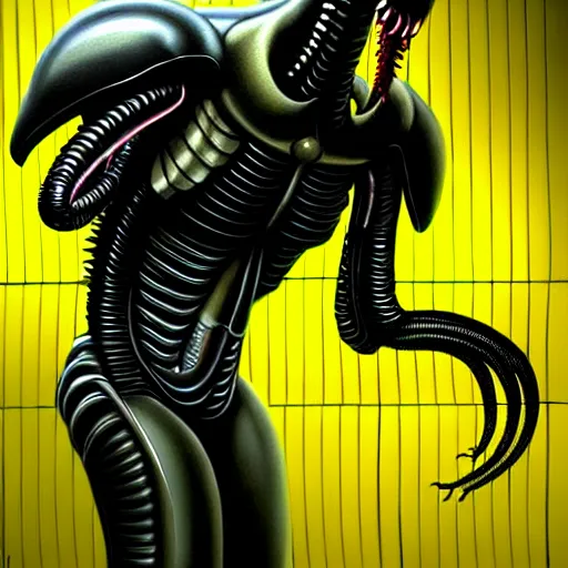 Image similar to black glossy xenomorph soldier, alien movie, endless empty office building, pale yellow wallpaper, moist brown carpet, dim fluorescent lighting, artstation, ultra detailed, creepy, dramatic lighting, photorealistic, art by h. r. giger