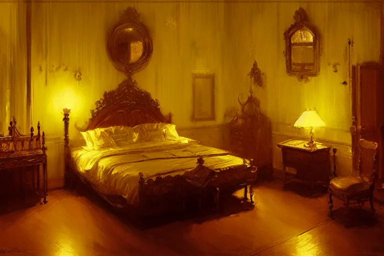 Image similar to an ornate yellow victorian bedroom at night, 1 8 9 0, key visual, conceptart, ambient lighting, highly detailed, digital painting, artstation, concept art, sharp focus, by makoto shinkai and akihiko yoshida and greg manchess