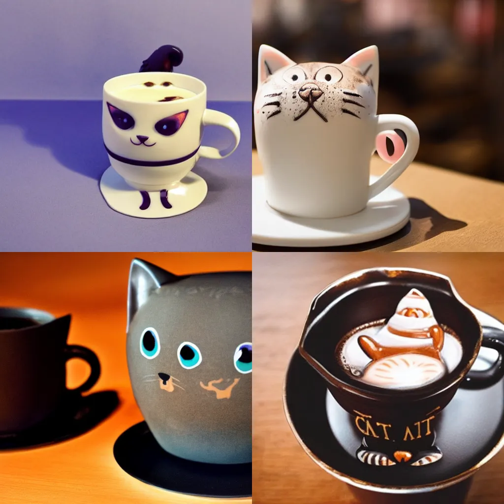 Prompt: a cup shaped as a cat, with hot chocolate steaming in it, hyper detailed, cinematic atmosphere,