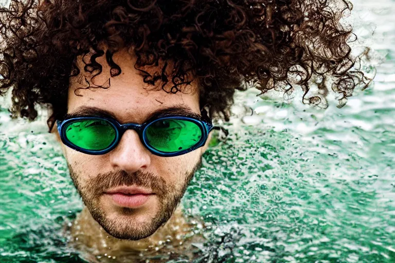 Prompt: closeup potrait of a man with curly hair and round glasses swimming in green water in amsterdam, photograph, natural light, sharp, detailed face, magazine, press, photo, steve mccurry, david lazar, canon, nikon, focus