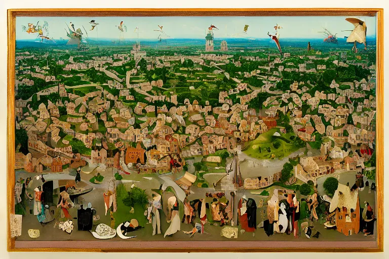 Image similar to an elaborate and dense low angle painting of a peaceful neighborhood, detailed, made of alcohol ink on parchment and penned illustrations, by wes anderson and hieronymus bosch and geoff darrow
