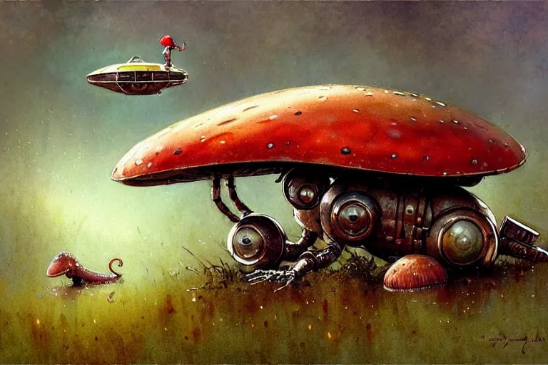 Image similar to adventurer ( ( ( ( ( 1 9 5 0 s retro future robot mouse amphibious vehical home. muted colors. swamp mushrooms ) ) ) ) ) by jean baptiste monge!!!!!!!!!!!!!!!!!!!!!!!!! chrome red