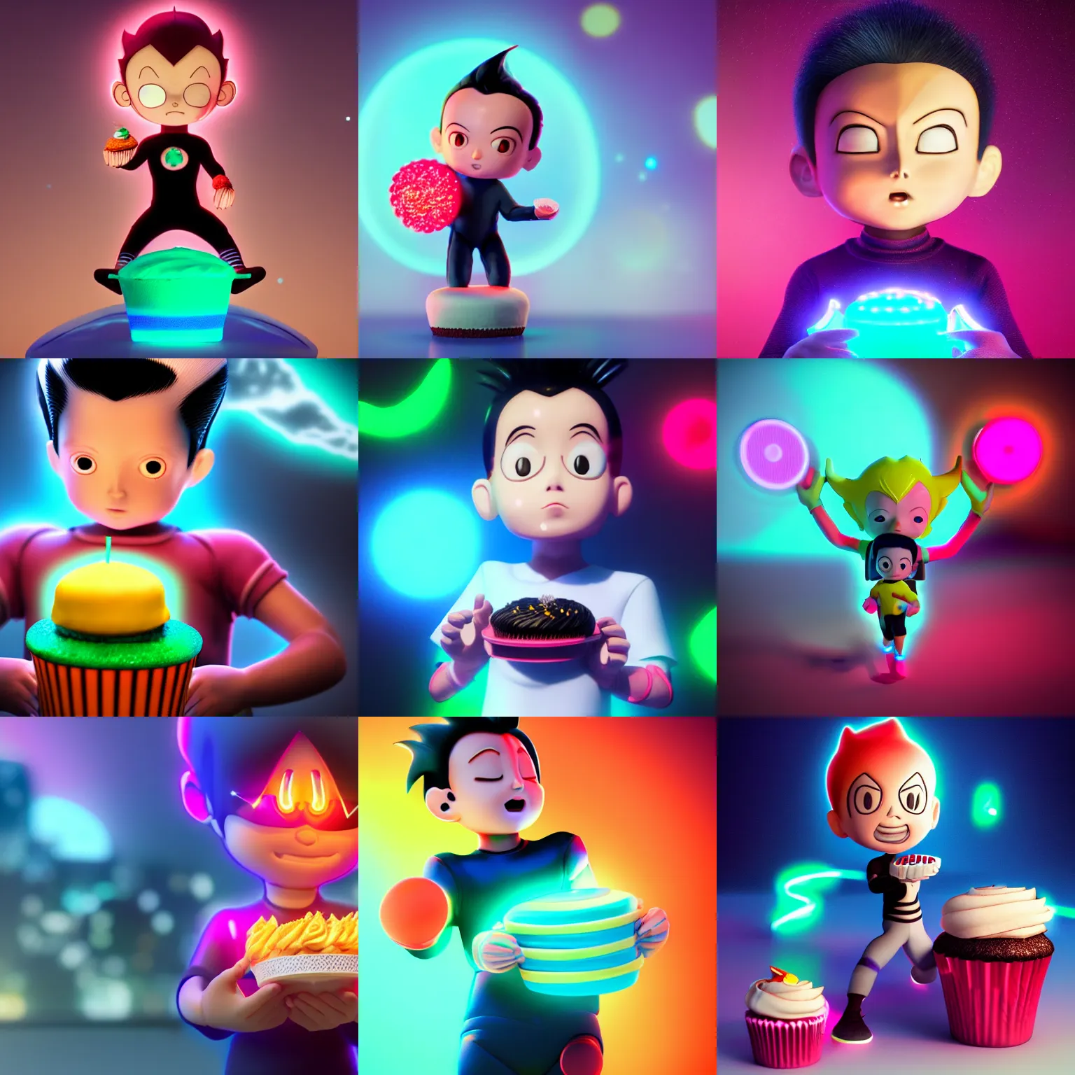 Prompt: astroboy holding a cupcake with glowing neon skin, anime, hd, 8 k, 3 d, ue 5, octane render