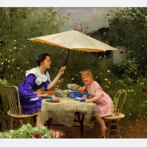Image similar to a housewife and her daughter putting dishes on a table in the backyard, a tilted parasol sits above the table, a garden with colorful flowers in the background, rainy scene, cozy 1 9 5 0's, medium symmetry, by ilya repin, by greg rutkowski, extreme detail, 8 k, intricate abstract, photorealistic