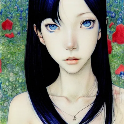 Image similar to a portrait of a character, black hair, blue eyes, by Miho Hirano