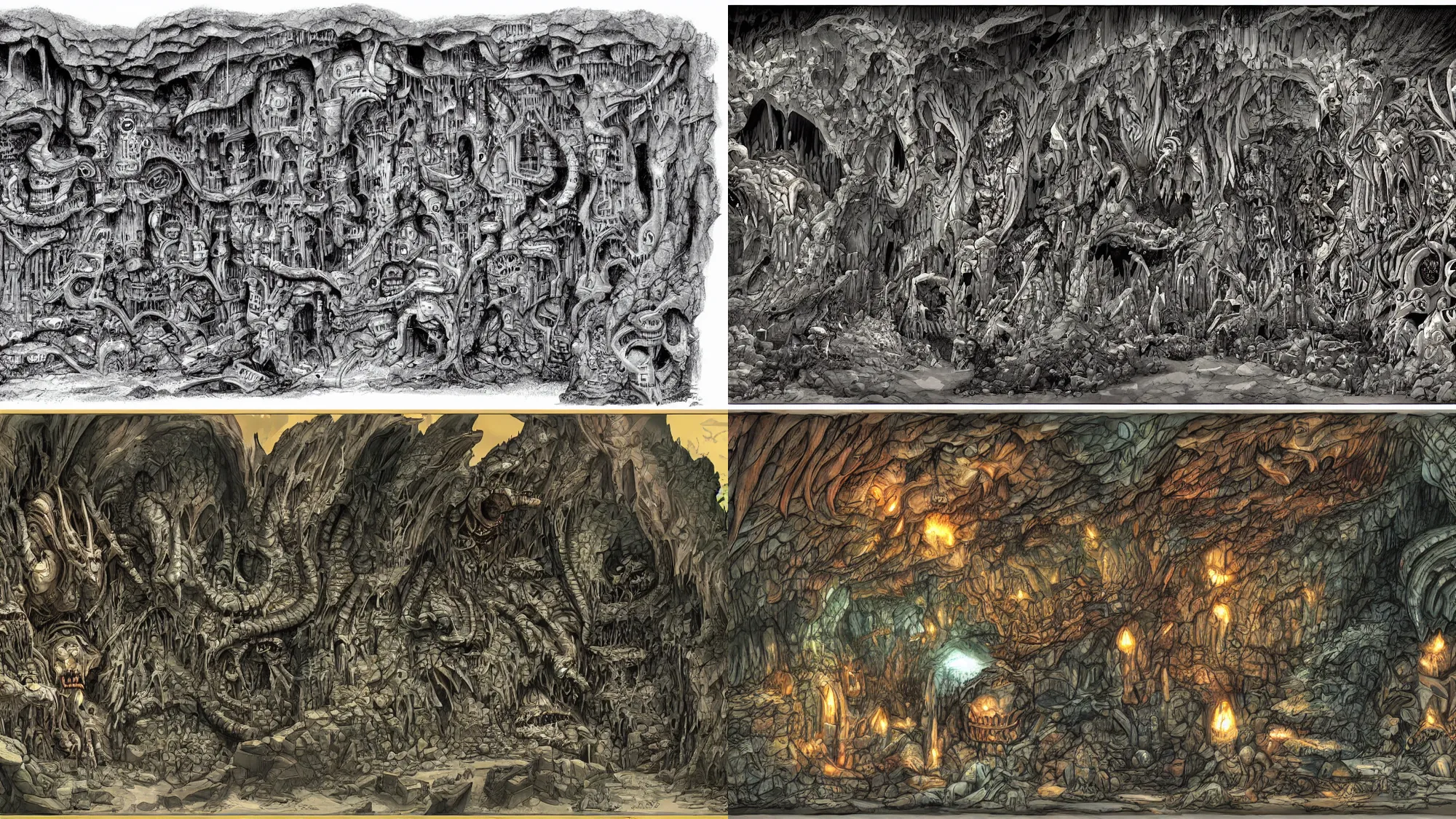 Prompt: cave cutaway, fantasy monsters underground