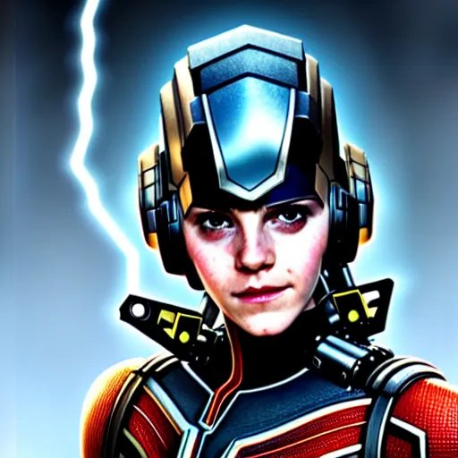 Image similar to beautiful Emma Watson as Ant-Man with lightning bolt headset, western, closeup, D&D, fantasy, intricate, elegant, highly detailed, digital painting, artstation, concept art, matte, sharp focus, illustration, art by Artgerm and Greg Rutkowski and Alphonse Mucha