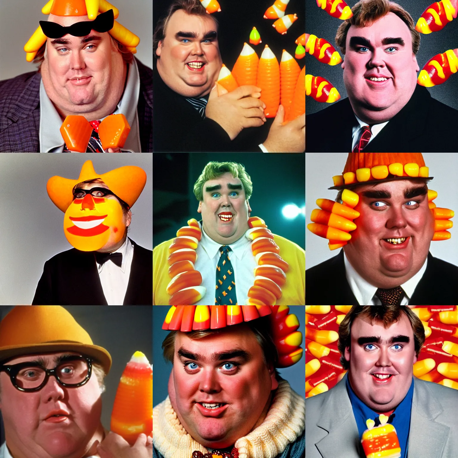 Prompt: john candy with a face made of candy corn, candy corn hybrid, skin is candy corn
