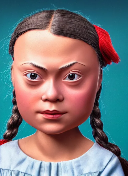 Image similar to closeup profile portrait of tin toy greta thunberg wearing a mini - skirt, depth of field, zeiss lens, detailed, symmetrical, centered, fashion photoshoot, by nicoletta ceccoli, mark ryden, lostfish, breathtaking, 8 k resolution, extremely detailed, beautiful, establishing shot, artistic, hyperrealistic, octane render