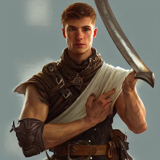 Prompt: portrait of a young rugged ranger holding his longsword up, hands, muscular, upper body, D&D, fantasy, intricate, elegant, highly detailed, digital painting, artstation, concept art, smooth, sharp focus, illustration, art by Artgerm and Greg Rutkowski and Alphonse Mucha