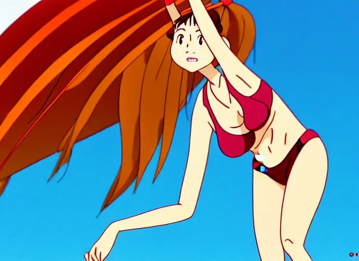 Image similar to an animation still of beautiful bikini volleyball player, in the style of studio ghibli, netflix animation, toei animation, filmation animation, traditional animation, sharp detail, animation cel