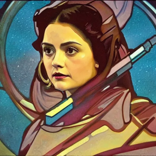 Prompt: jenna coleman as a star trek captain, a still from star trek painted by alphonse mucha.