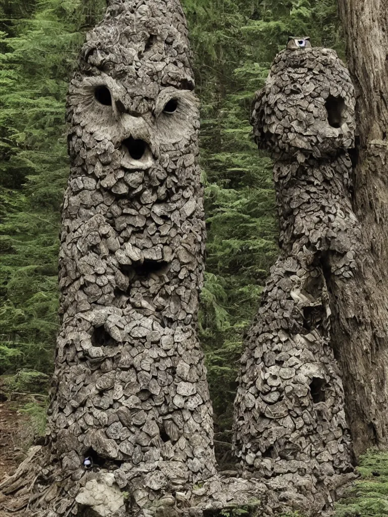 Prompt: A Ritual at the Colossal Stone Owl in Bohemian Grove