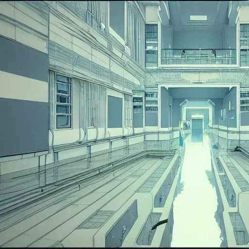 Image similar to a flood of slime in a bright white hallway with many doors and many stairs, Mc Escher architecture, epic composition, by Makoto Shinkai