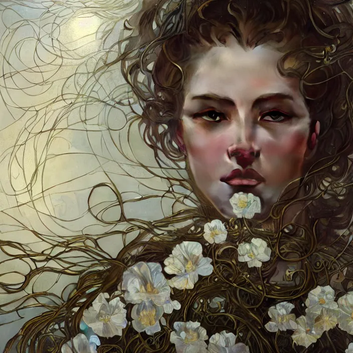 Image similar to hyperrealist portrait of a 2 0 4 4 space sport engineer, it is decorated with long gold wires and white flowers that fall like vines and wears a huge computer crown. by jeremy mann and alphonse mucha, fantasy art, photo realistic, dynamic lighting, artstation, poster, volumetric lighting, dramatic light, very detailed faces, 8 k, award winning