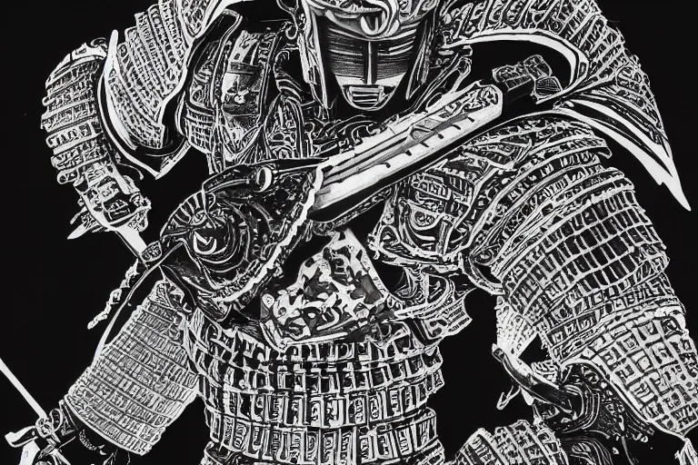 Image similar to ink on paper black and white cyber samurai, intricate, very detailed, soft lighting, 8 k hd