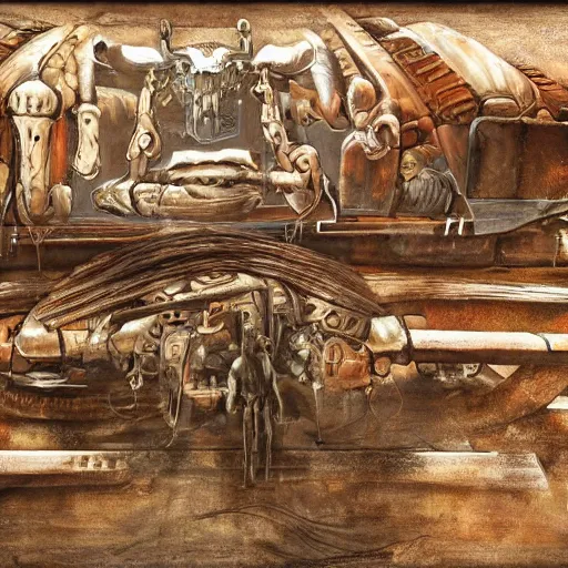 Image similar to boxcar made of human flesh and bone, biomechanical railroad, highly detailed, War Photography, by H.R. Giger