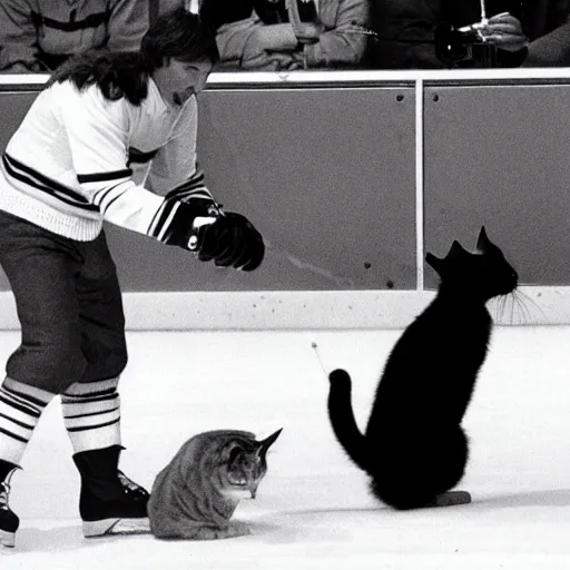 Prompt: wayne gretzky being beaten up by a black & white cat