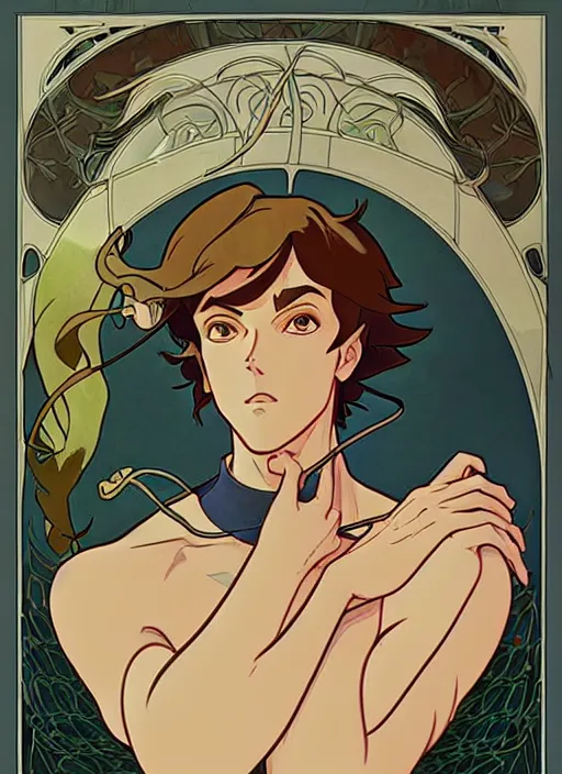 Prompt: art nouveau portrait of catboy, natural lighting, path traced, highly detailed, high quality, cartoon, digital painting, by don bluth and ross tran and studio ghibli and alphonse mucha