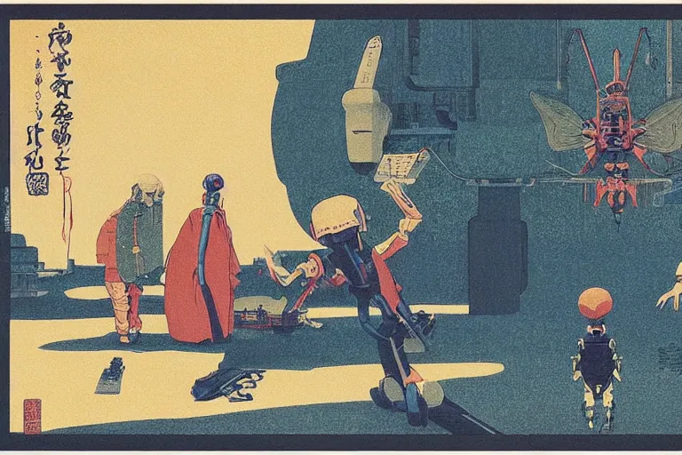 Image similar to gigantic dragonflies with human faces catch tiny robots, a lot of exotic mechas robots around, human heads everywhere, risograph by kawase hasui, dirtyrobot, edward hopper, satoshi kon and moebius, colorful flat surreal design, super - detailed, a lot of tiny details, fullshot