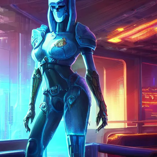 Image similar to high quality portrait of a starcraft Protoss Zealot in a cyberpunk cyberpunk cyberpunk cafe, realism, 8k, award winning photo