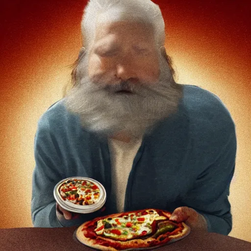 Prompt: of a realistic portrait of an old man, with short beard, very mess hair, sitting in a cough upfront of tv, crashed pop can and empty pizza boxes all over. volumetric light. high resolution. very high details.