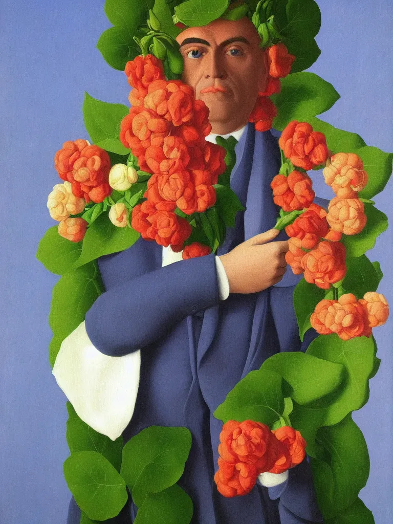 Image similar to portrait of a flower man by rene magritte, detailed painting, hd, hq, high resolution, high detail, 4 k, 8 k