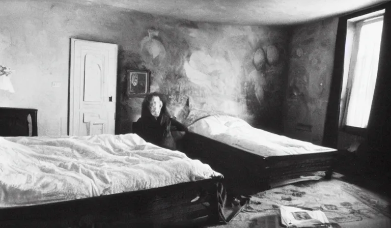 Prompt: A bedroom designed by Leonora Carrington, 35mm film, long shot