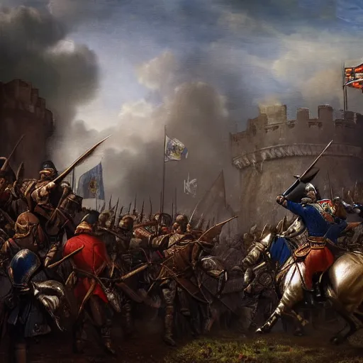 Image similar to A captain commanding his knights to charge through the gates of a castle, war, dark atmosphere, insane detail, medieval fantasy, upscaled, 8k resolution, masterpiece, award winning
