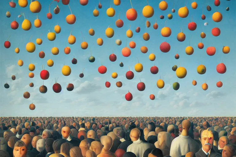 Image similar to Crowd with fruit heads by Magritte and Beeple, fruits raining from clouds, surreal painting, oil painting, hyper detailed, clean shapes