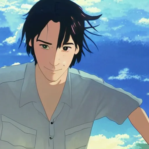 Image similar to Animation of Keanu Reeves in Kimi No Na Wa, Your Name, Matoko Shinkai, beautiful, anime, colorful, animation, CoMix Wave Films