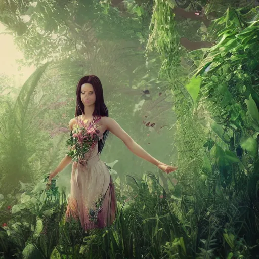 Image similar to beautiful girl in a dress made of plants, beautiful portrait, symmetrical, character concept style trending on artstation concept art detailed octane render cinematic photo - realistic 8 k high detailed