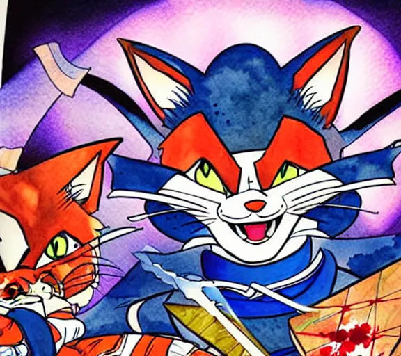 Image similar to samurai pizza cats, ink and watercolor illustration masterpiece, perfectly realistic yet surreal, by ryan ottley