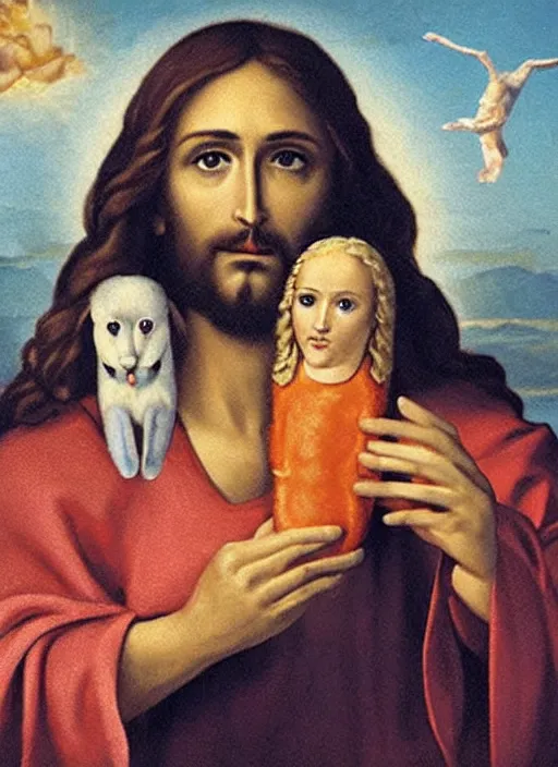 Image similar to jesus holding a hotdog