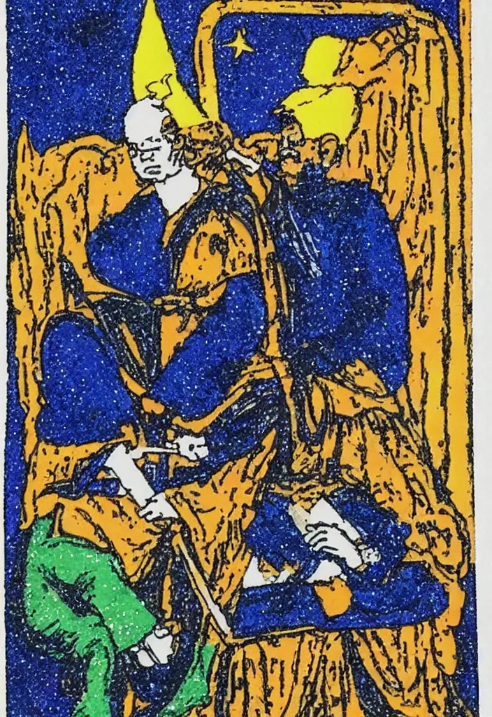 Image similar to Yann LeCun sitting on the throne on a tarot card, illustrated on the Rider–Waite tarot.