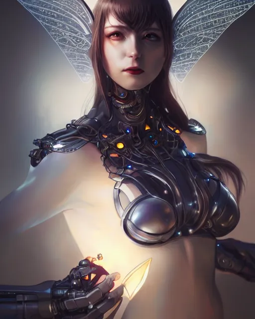 Image similar to portrait of a cyborg woman with metal wings, pixie character, genshin impact, fantasy magic, dark light night, intricate, elegant, sharp focus, illustration, highly detailed, concept art, matte, art by wlop and artgerm and greg rutkowski, anime, trending on artstation