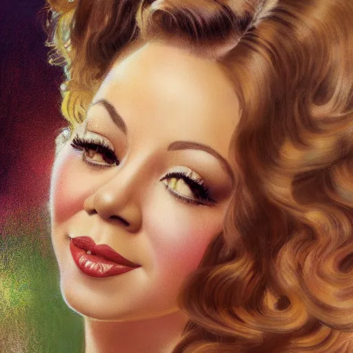 Prompt: Mariah Carey 1940s style brunette portrait, drawn by Donato Giancola and Jon Foster, frank frazetta, alphonse mucha, background by James Jean and gustav klimt, 4k, volumetric lighting, french nouveau, trending on artstation, octane render, hyperrealistic