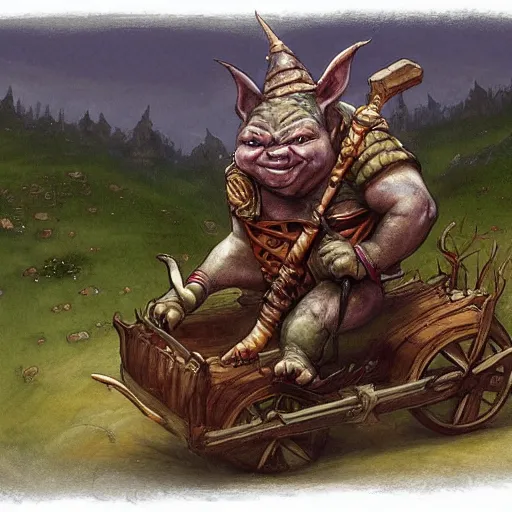 Image similar to painting of corpulent goblin riding in a slapdash wooden cart holding a lance, fantasy art, magic : the gathering art, by diterlizzi