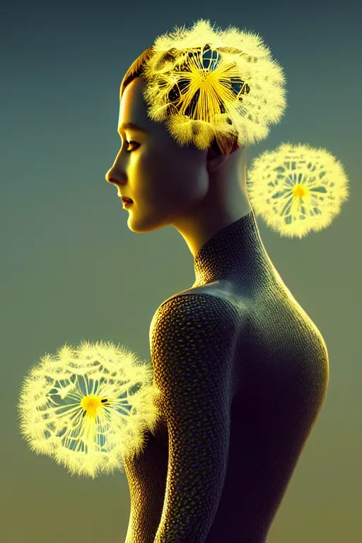 Prompt: intricate hyper detailed ultra sharp 3 d render of profile portrait, dark witch, leaves stems, unsplash model transparent fractal dandelion, moon in the background, yellow pistil filigree roots, intricate details, human face, facial features, elegant, hyper realistic, ultra detailed, octane render, volumetric cinematic lighting, 8 k post - production