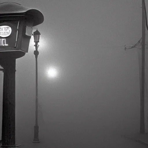 Image similar to A hyperdetailed 1920s era photograph of a Police Public Call Box sat on a street corner, night, dense fog, rain, HD, 8K resolution