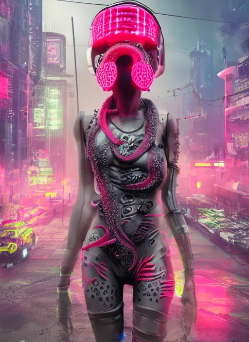 Image similar to hyperrealism, detailed textures, photorealistic 3 d cyberpunk octopus queen in apocalyptic city, futuristic clothing and helmet, neon colors, ultra realistic, cinematic, intricate, low light, unreal engine 8 k